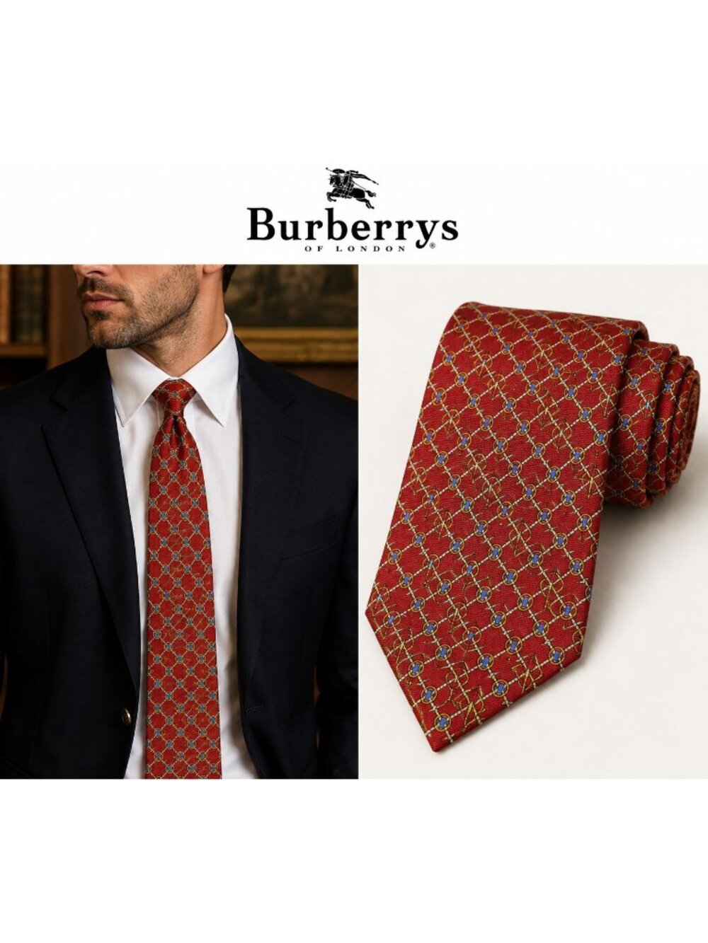Vintage Burberrys of London 100% Silk Red Equestrian Rope Chain Print Tie